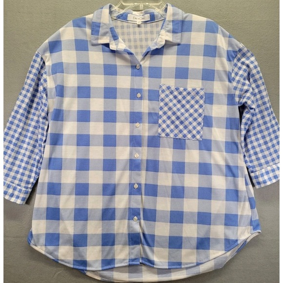 Eden & Olivia Womens Shirt Plaid Checkered Button Up Womens 1X Blue White Blouse - Picture 2 of 10
